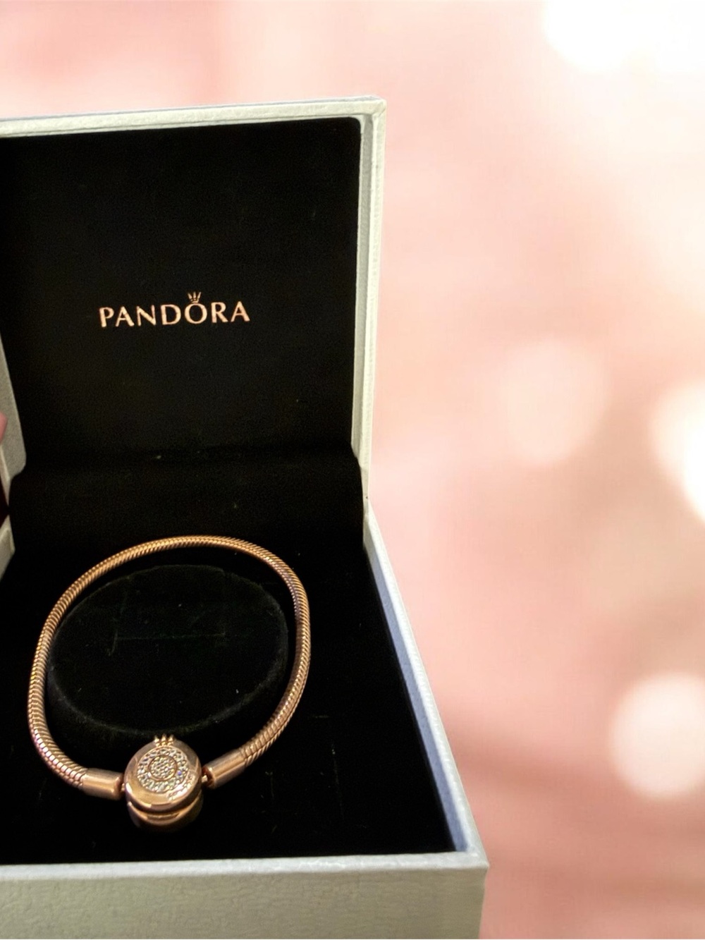 Pandora Rose Gold Snake Chain Bracelet with Pavé Round Clasp